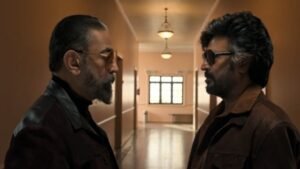 Two men facing each other indoors. लंबे इंतजार के बाद रजनीकांत और कमल हासन लौट रहे पर्दे पर